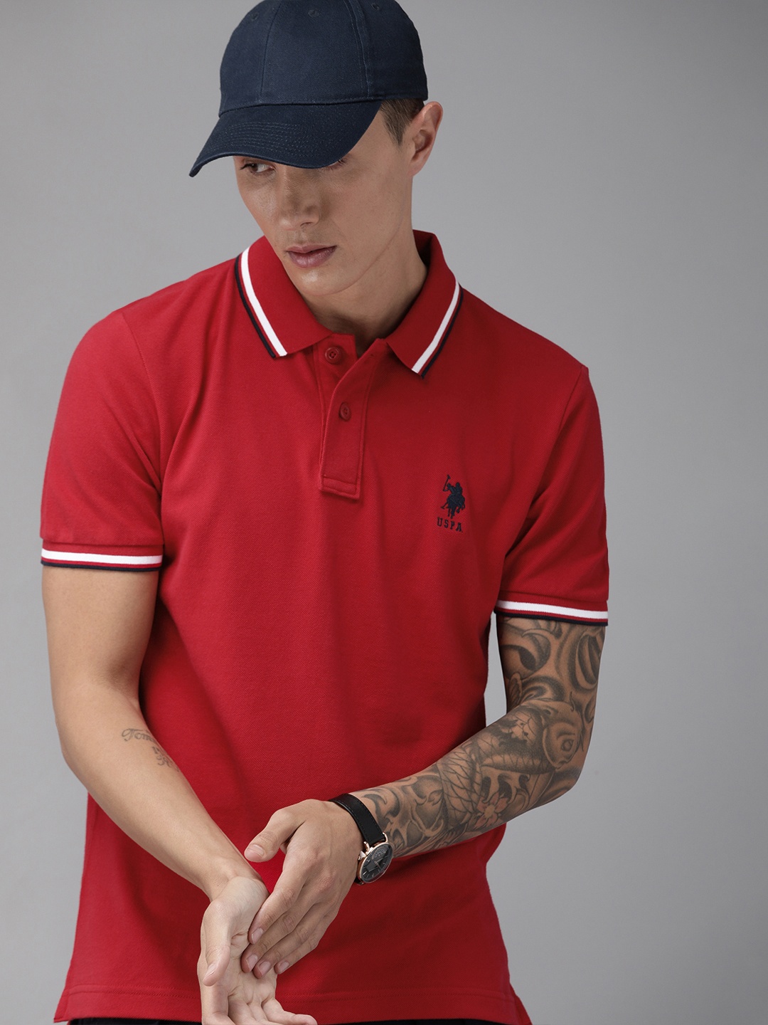

U.S. Polo Assn. Men Red Solid Polo Collar Pure Cotton T-shirt With Embroidery