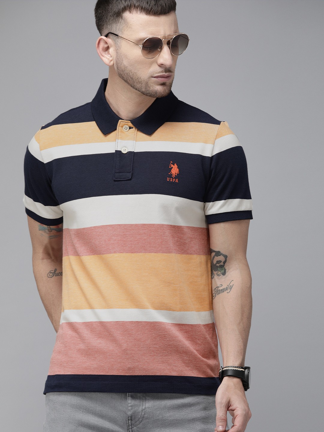 

U.S. Polo Assn. Men Multicoloured Striped Pure Cotton Polo Collar Pure Cotton T-shirt, Multi