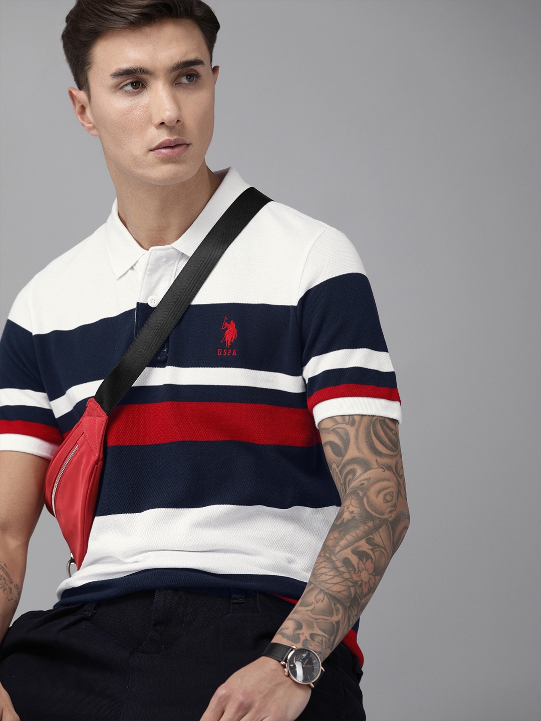 

U.S. Polo Assn. Men Navy Blue White Striped Polo Collar Pure Cotton T-shirt With Embroidery