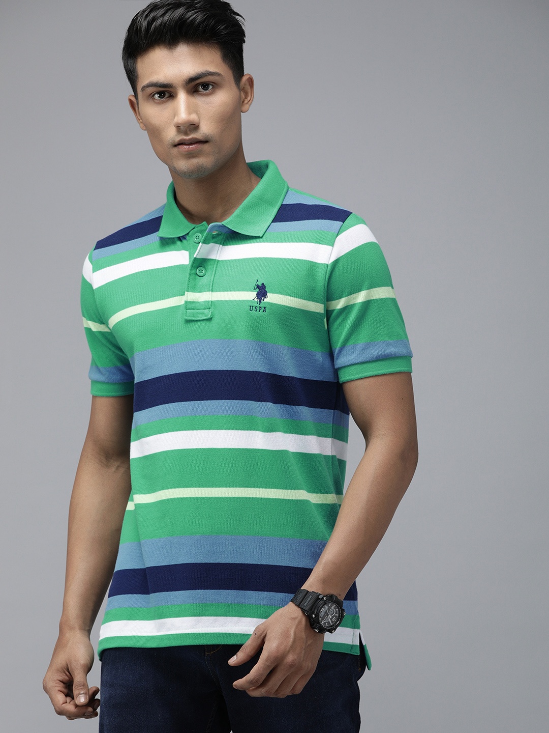 

U.S. Polo Assn. Men Sea Green Blue Striped Pure Cotton Polo Collar Pure Cotton T-shirt