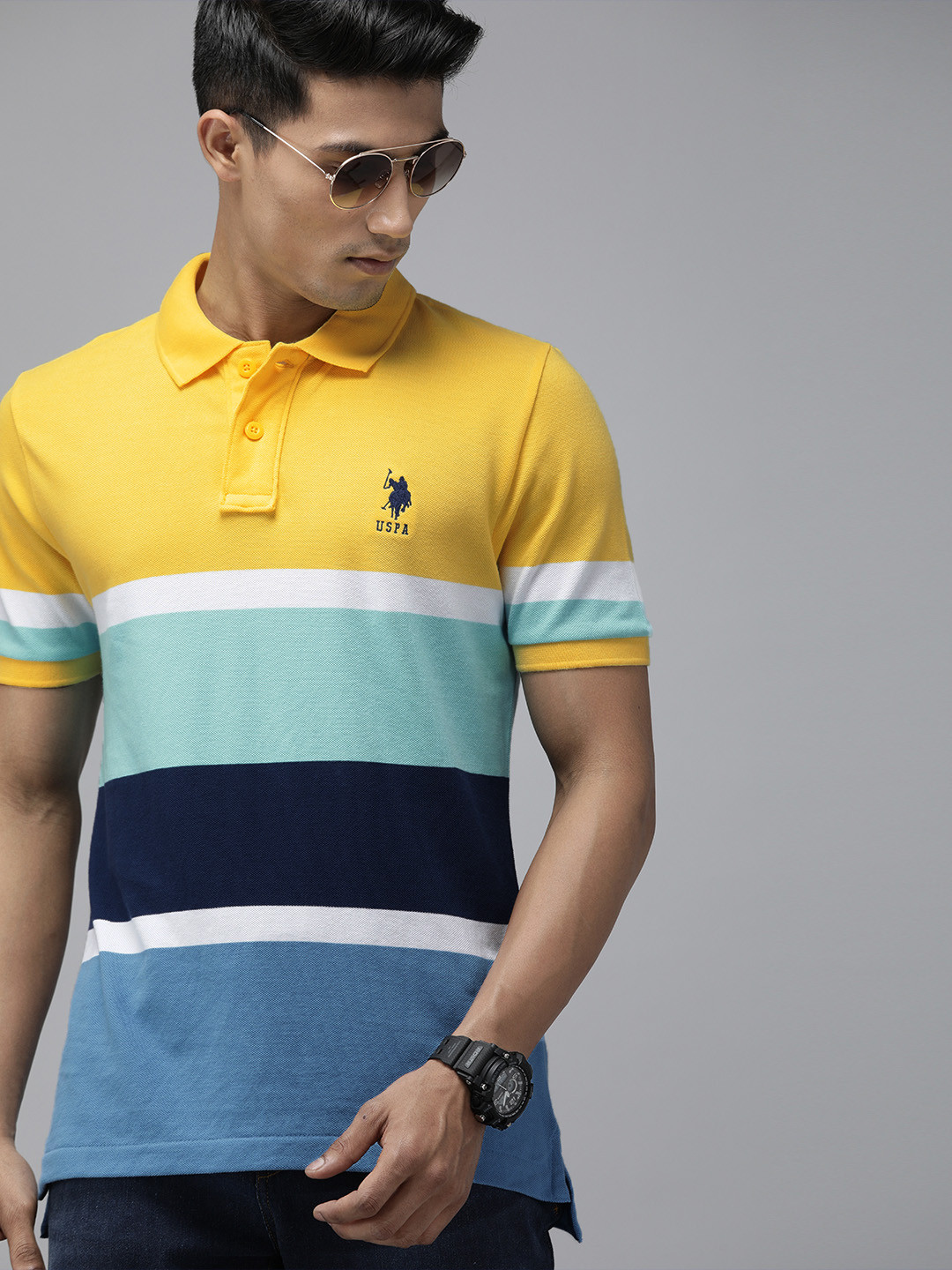 

U.S. Polo Assn. Men Yellow Blue Striped Pure Cotton Polo Collar Pure Cotton T-shirt