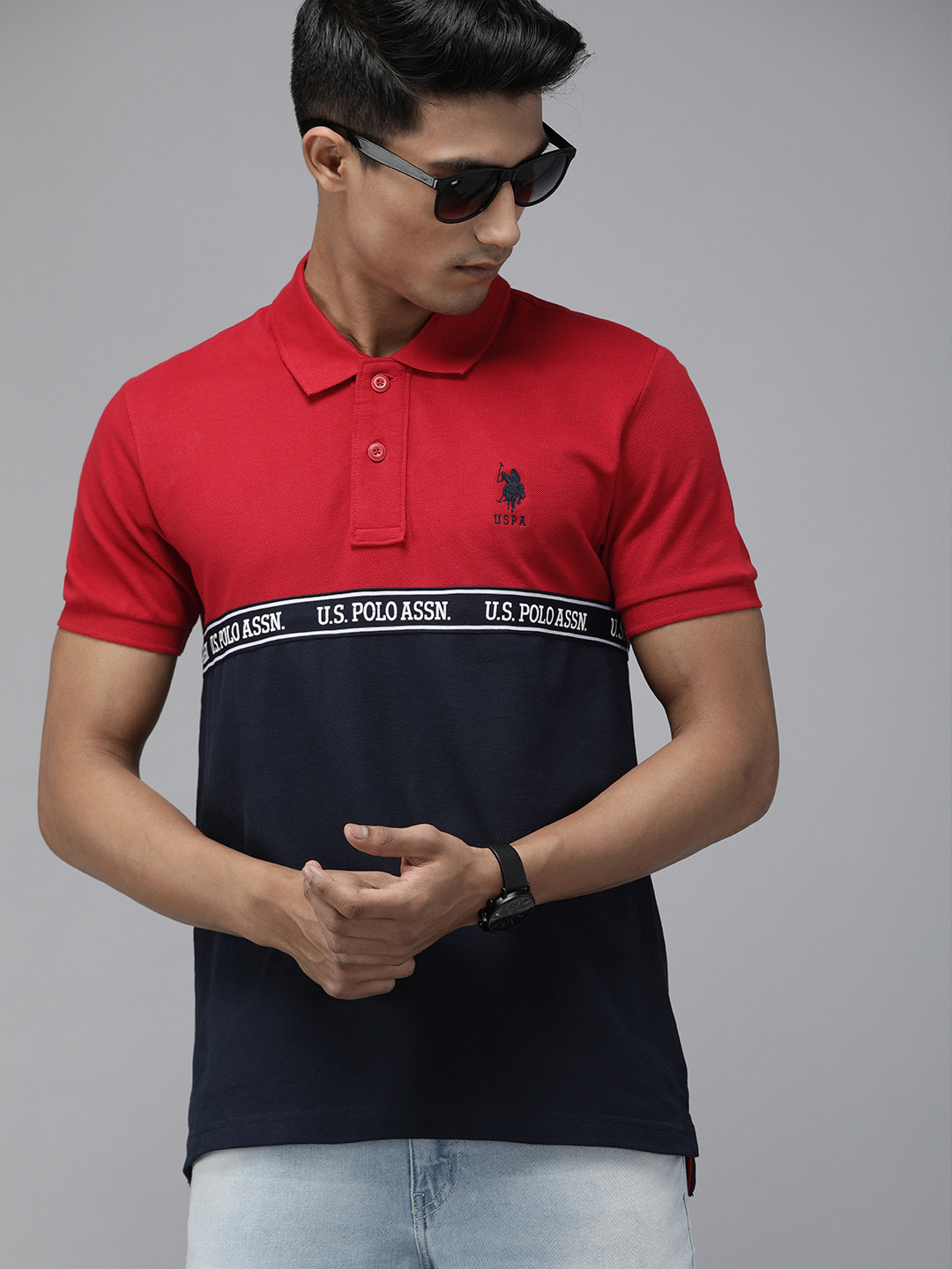 

U.S. Polo Assn. Men Red Navy Blue Colourblocked Polo Collar Pure Cotton T-shirt
