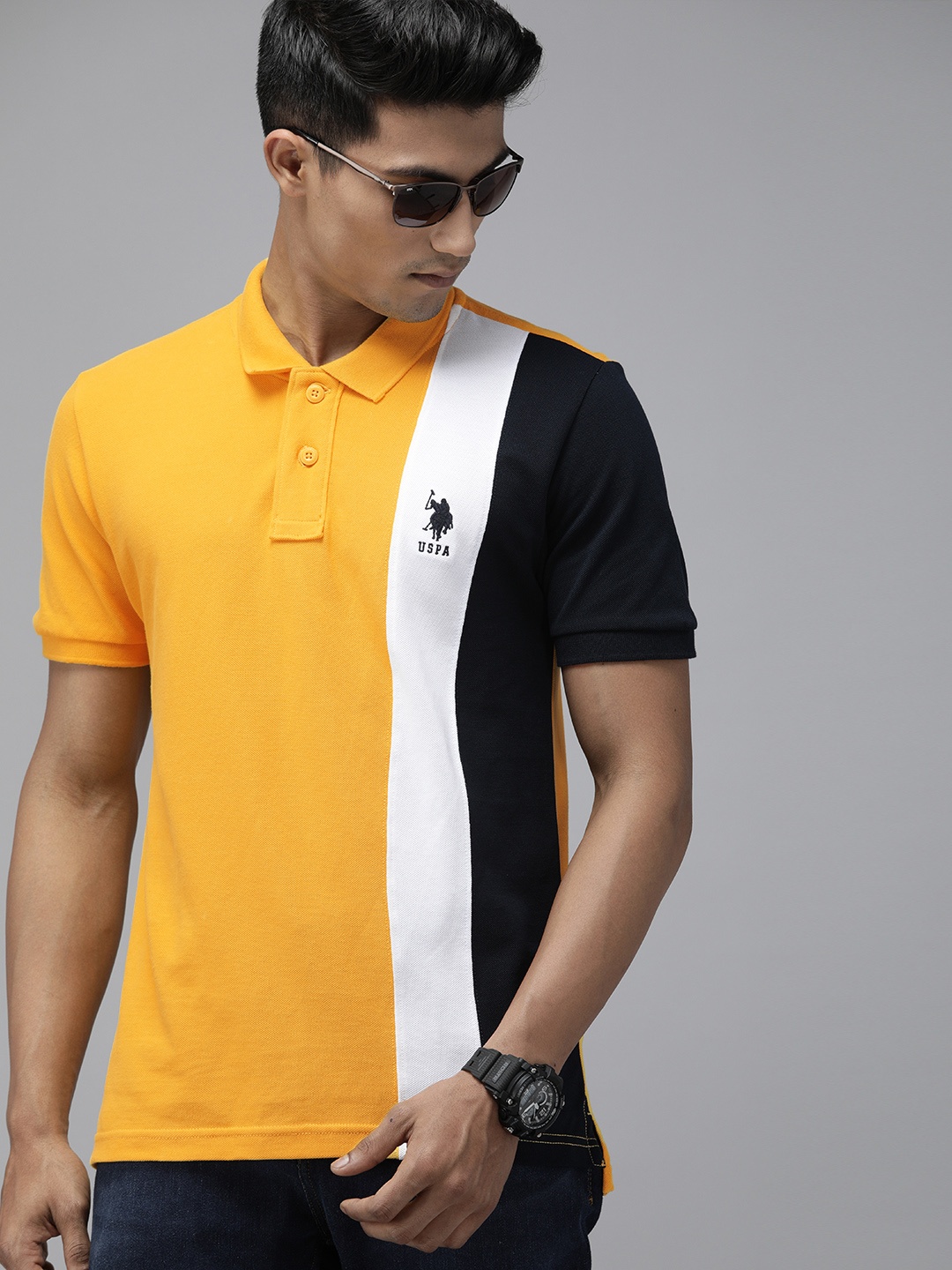 

U.S. Polo Assn. Men Mustard Yellow White Colourblocked Pure Cotton Polo Collar Pure Cotton T-shirt