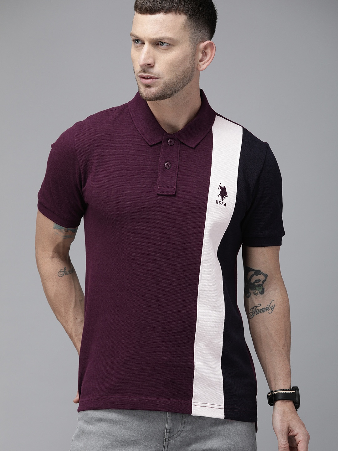 

U.S. Polo Assn. Men Purple White Colourblocked Pure Cotton Polo Collar Pure Cotton T-shirt