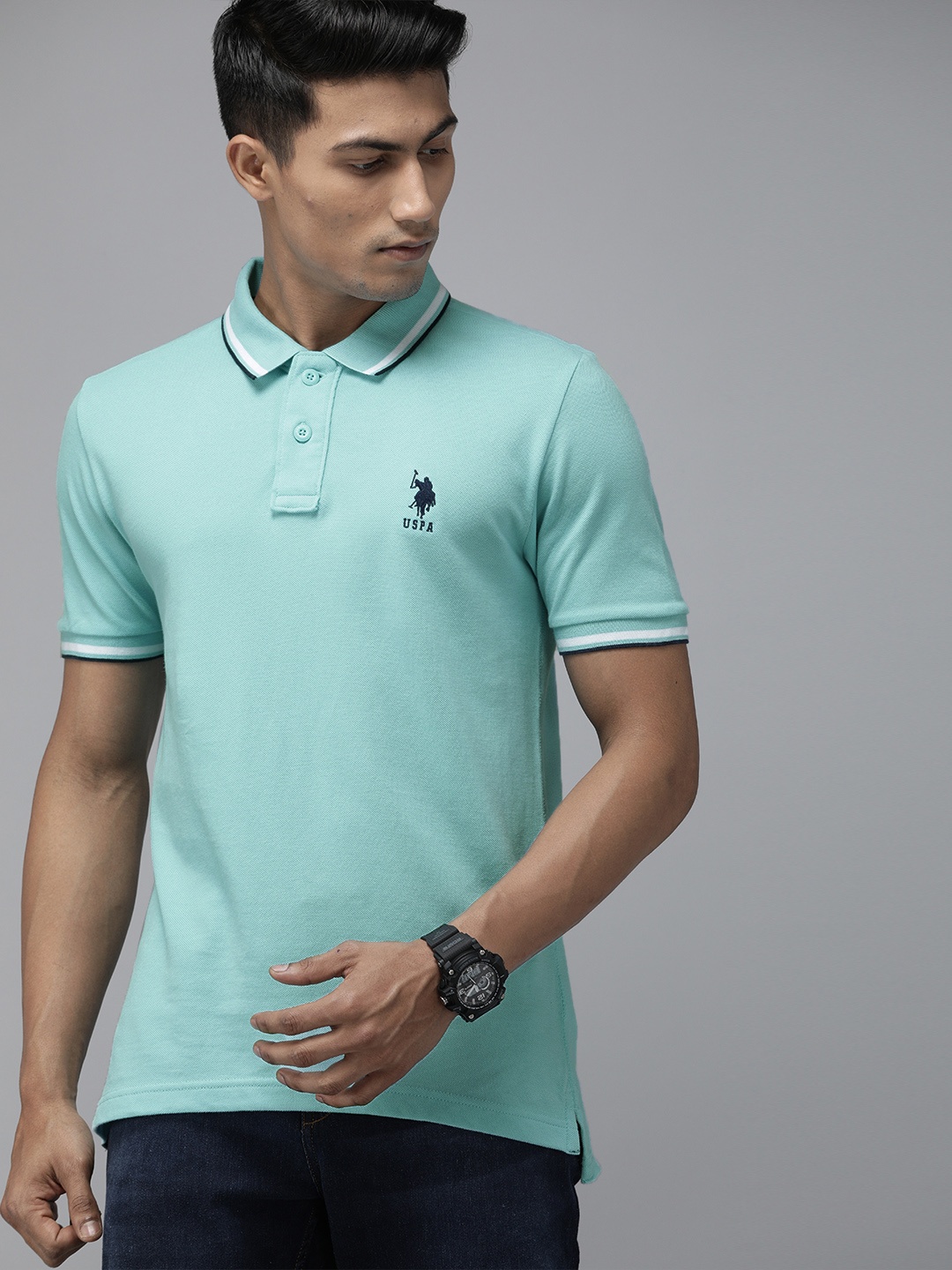 

U.S. Polo Assn. Men Turquoise Blue Solid Pure Cotton Polo Collar Pure Cotton T-shirt
