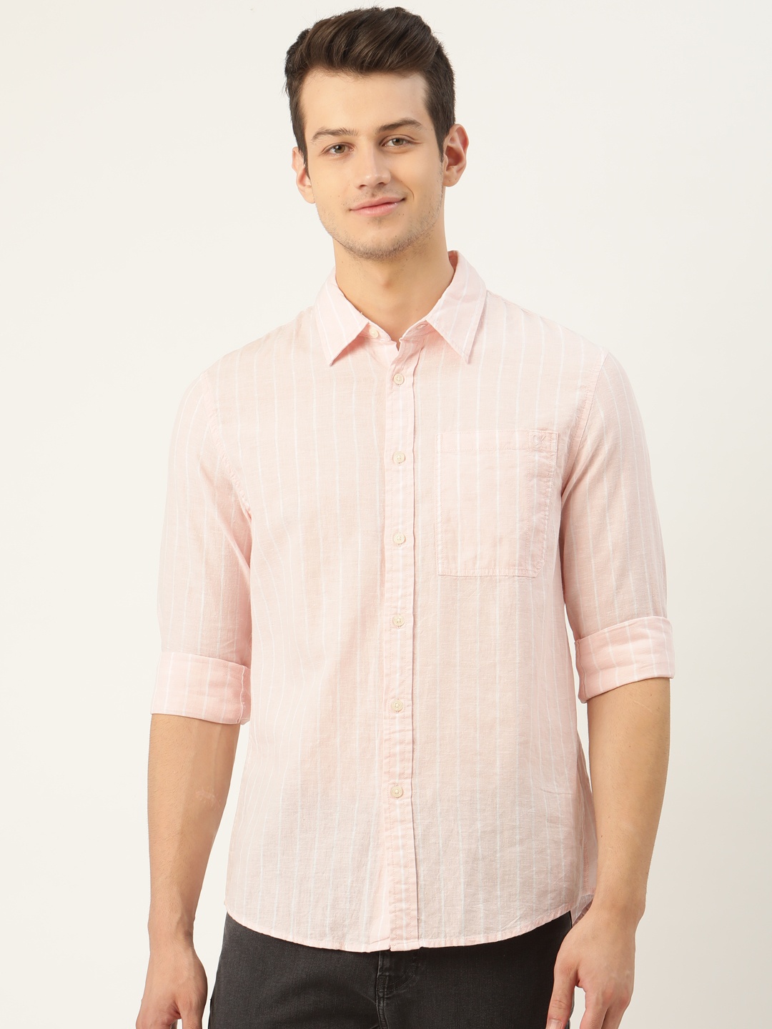 

Calvin Klein Jeans Men Pink & White Striped Casual Shirt