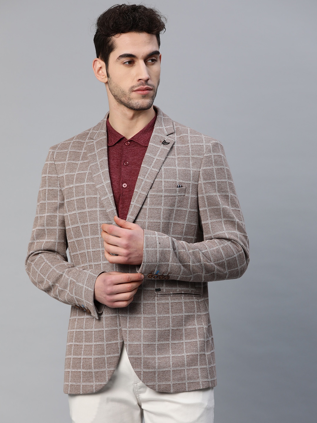 

Blackberrys Men Taupe & Off-White Checked Slim Fit Single-Breasted Smart Casual Blazer