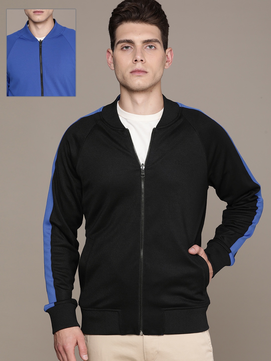 

Calvin Klein Jeans Men Black And Blue Open-Front Reversible Sweatshirt