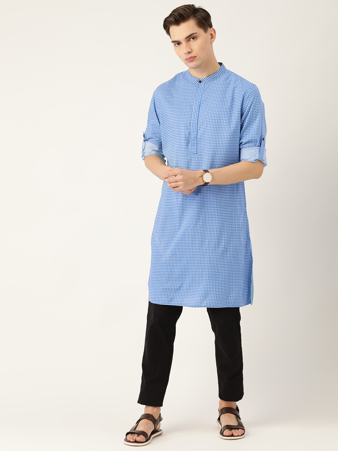 

Anouk Men Blue & White Sustainable Checked Kurta