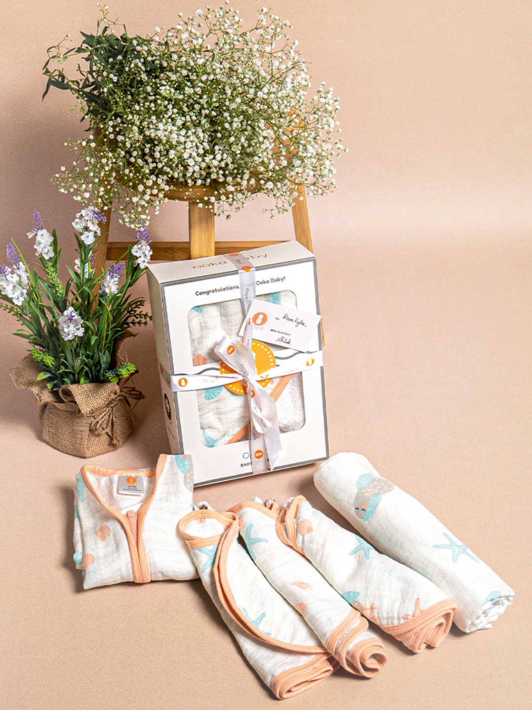 

OOKA Infant Kids Peach-Coloured & White Seagull Printed Cotton Muslin Baby Gift Set