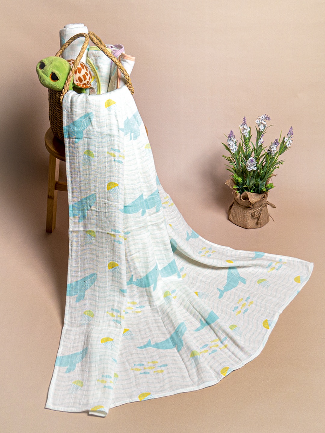 

OOKA Kids Blue & Lime Green Whale Print Baby Muslin Swaddle