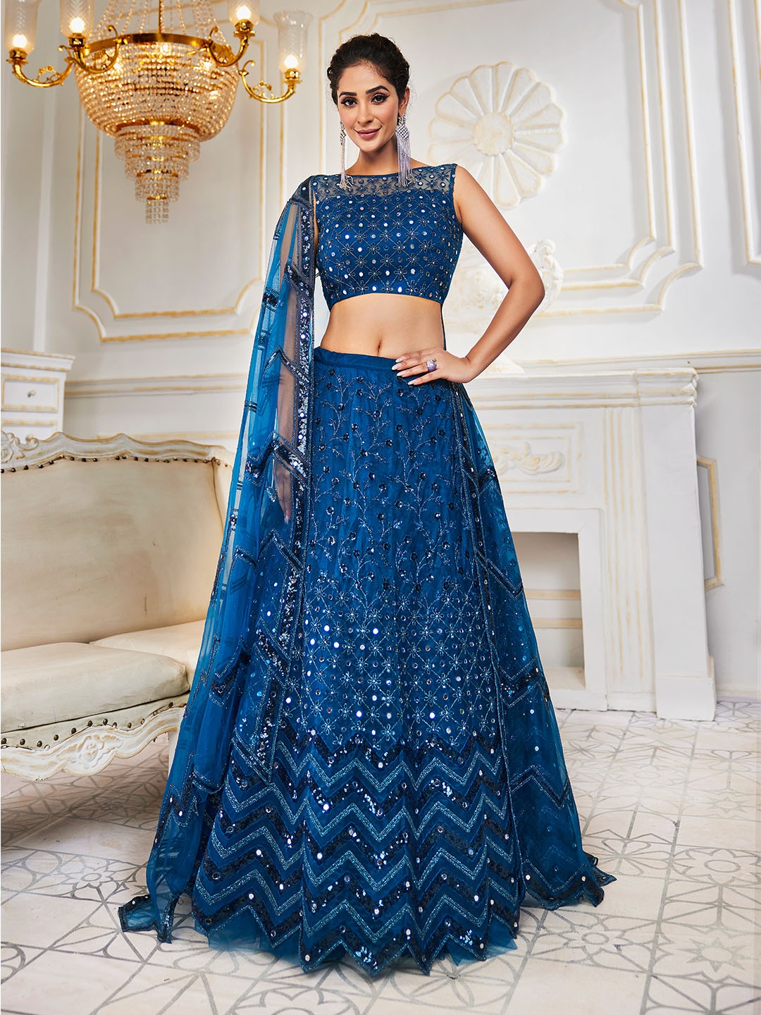 

panchhi Teal Blue Embroidered Semi-Stitched Lehenga & Unstitched Blouse with Dupatta