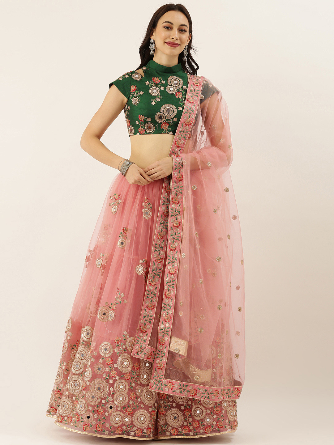 

Pink & Green Embroidered Semi-Stitched Lehenga & Unstitched Blouse with Dupatta