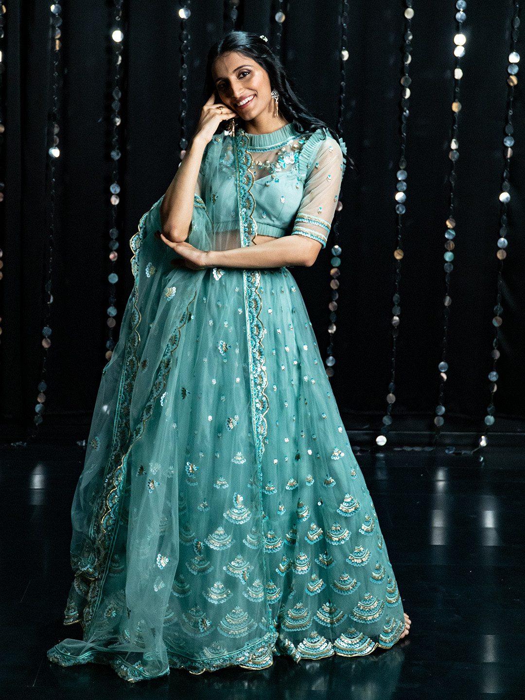 

panchhi Turquoise Blue Semi-Stitched Sustainable Lehenga & Blouse with Dupatta