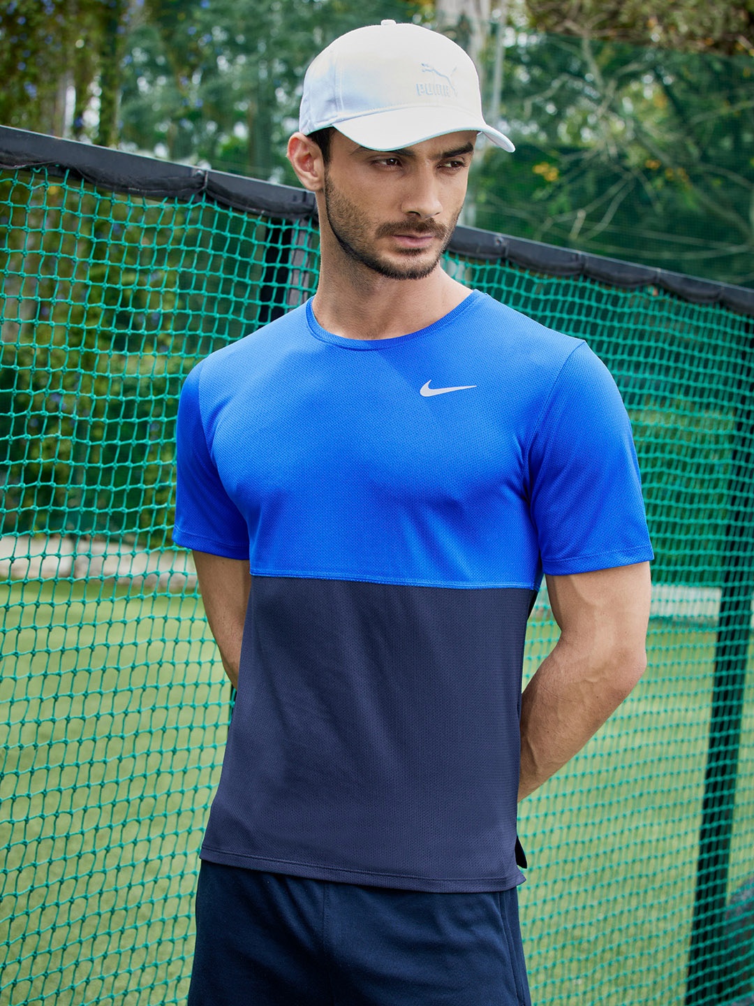 

Nike Men Navy Blue Colourblocked DF RUN Standard Fit Round Neck T-shirt