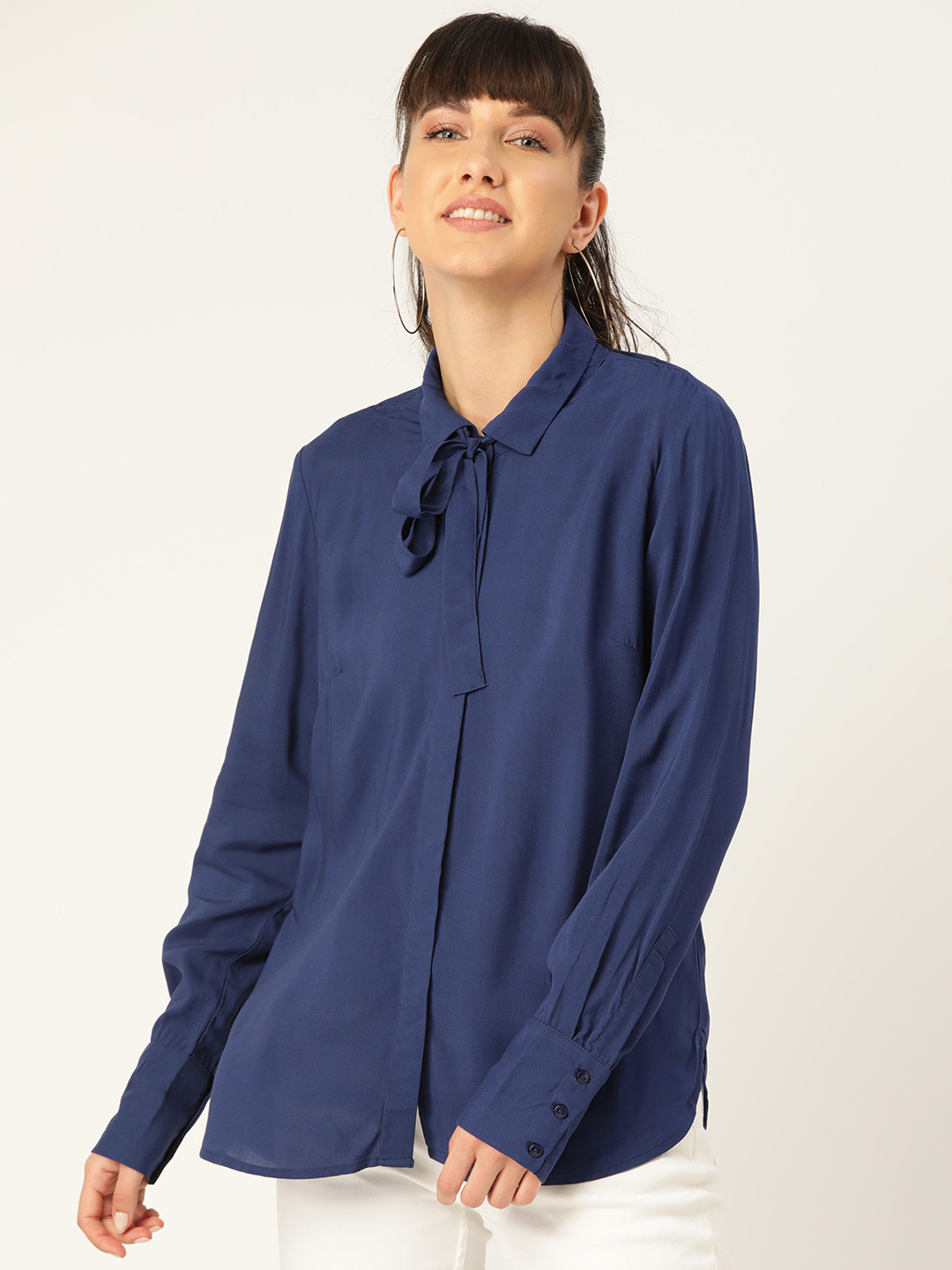 

United Colors of Benetton Women Navy Ecovero Tie-Up Neck Solid Shirt, Navy blue