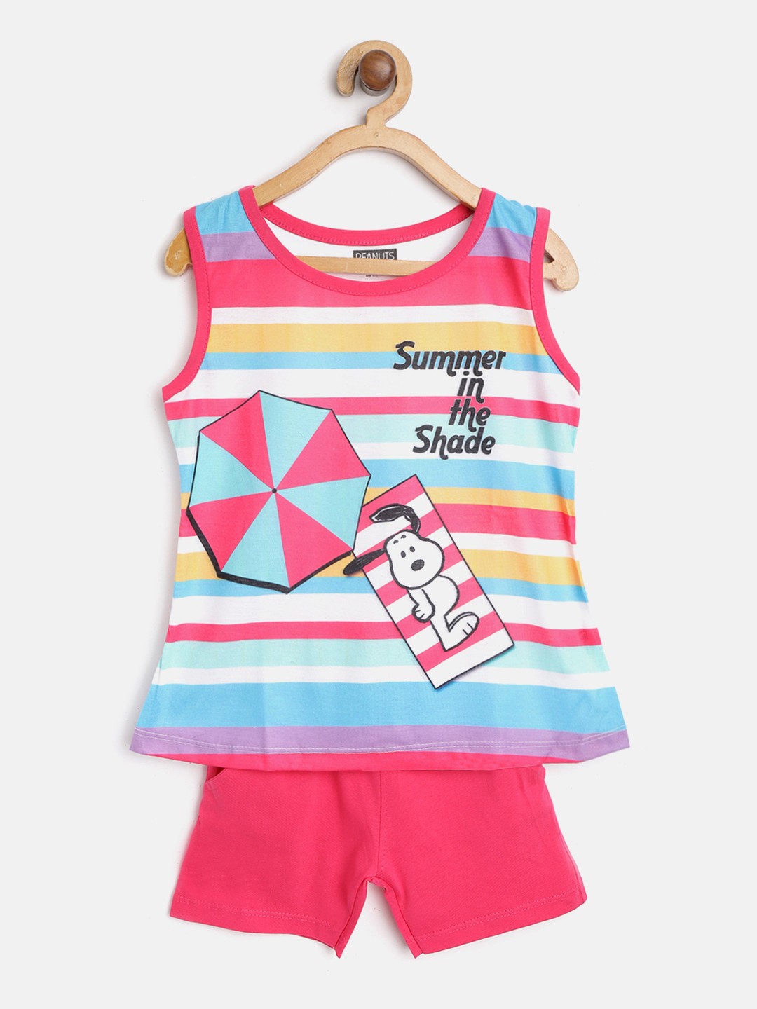 

Eteenz Girls Pink & White Striped & Snoopy Print Pure Cotton T-shirt with Shorts