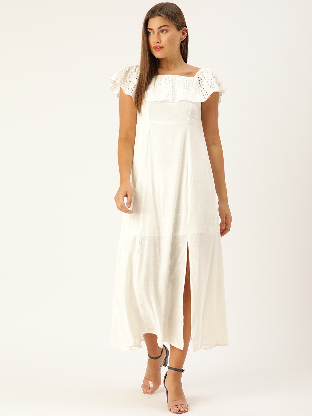 

AND Women White Solid Maxi Dress with Schiffli Embroidered Detail