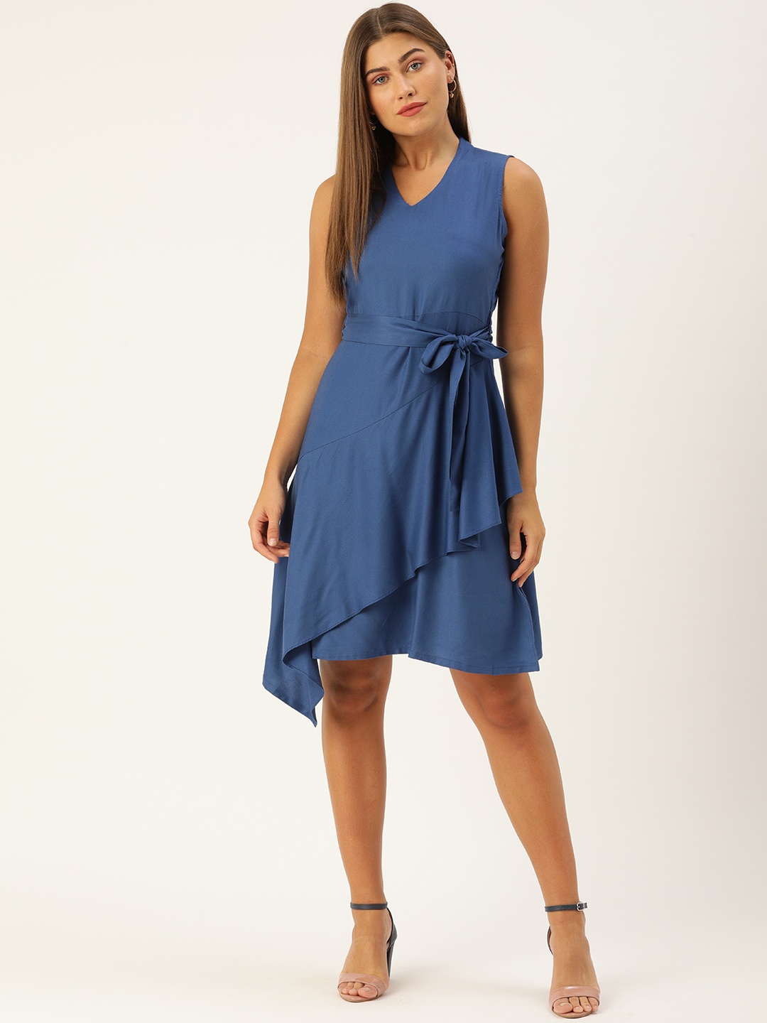 

AND Women Blue Solid Layered A-Line Dress