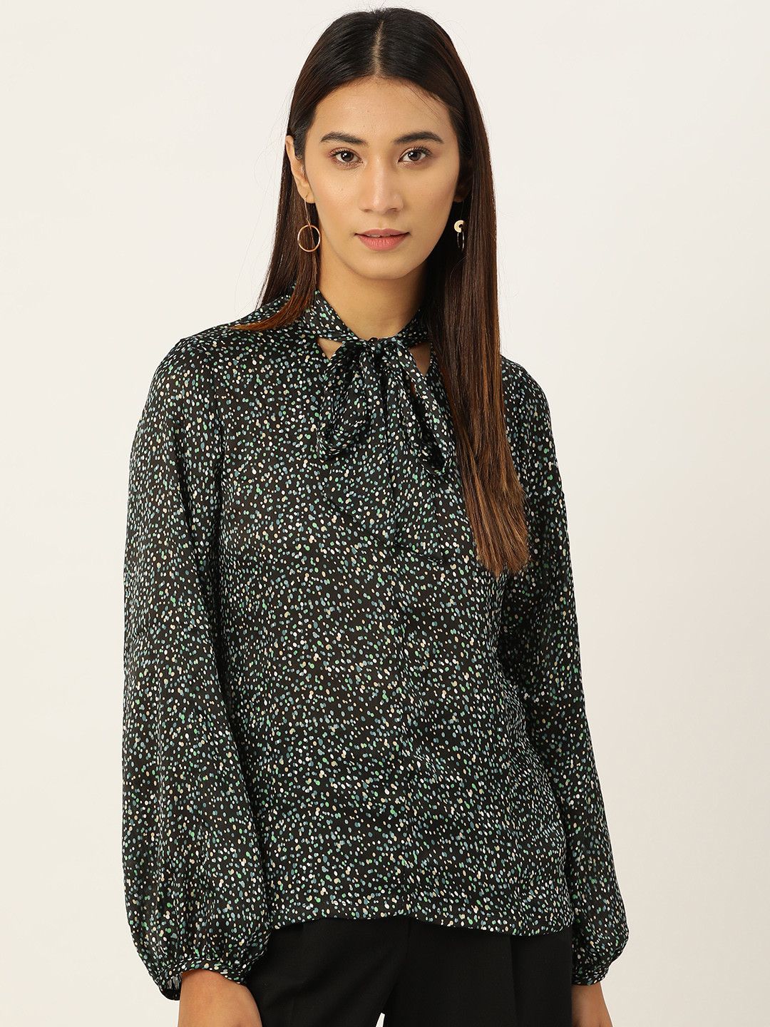 

AND Women Black Printed Top with Tie-up Neck
