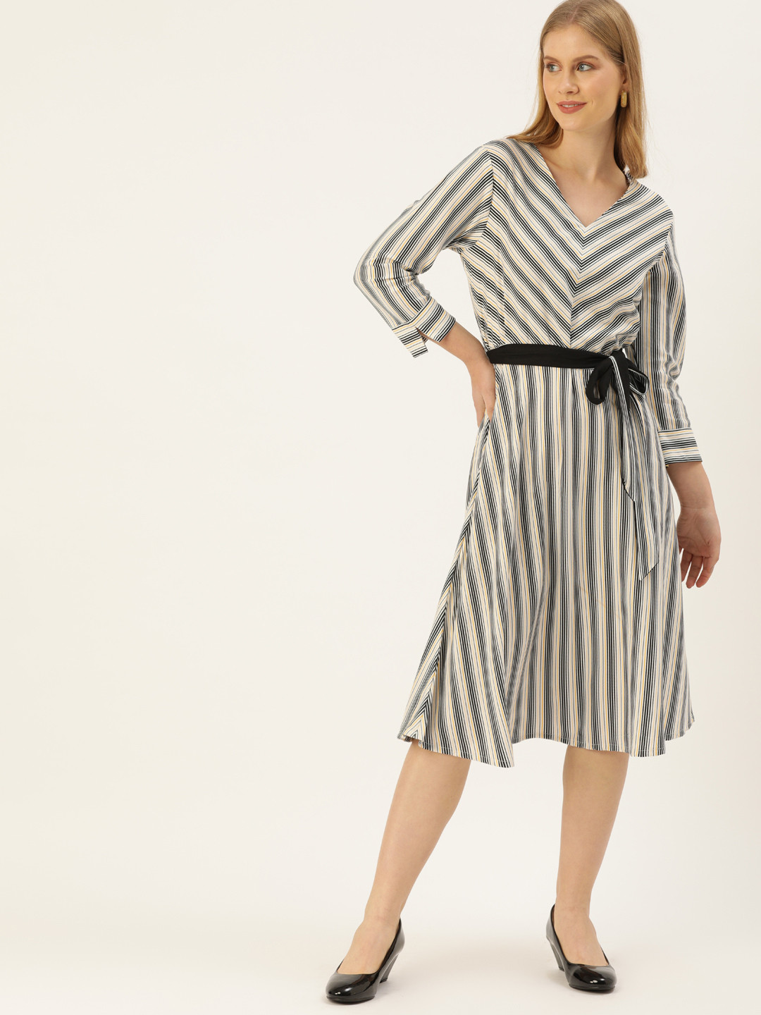 

AND Women Black Striped Fit and Flare Dress