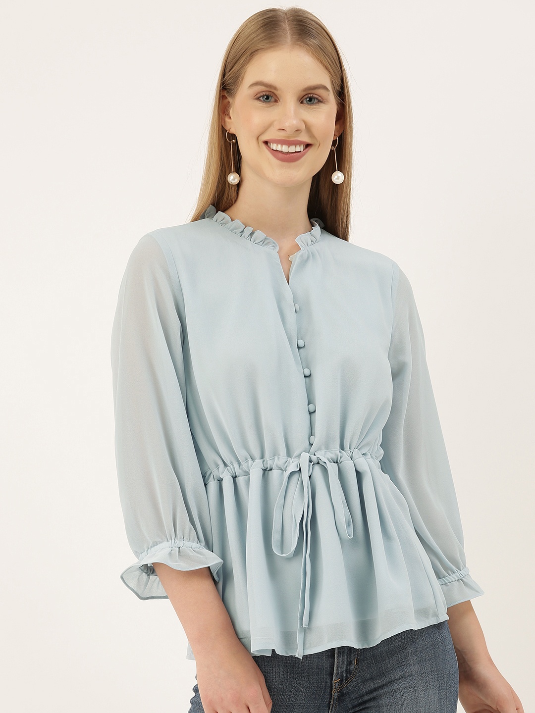 

And Blue Mandarin Collar Puff Sleeves Ruffled Shirt Style Top
