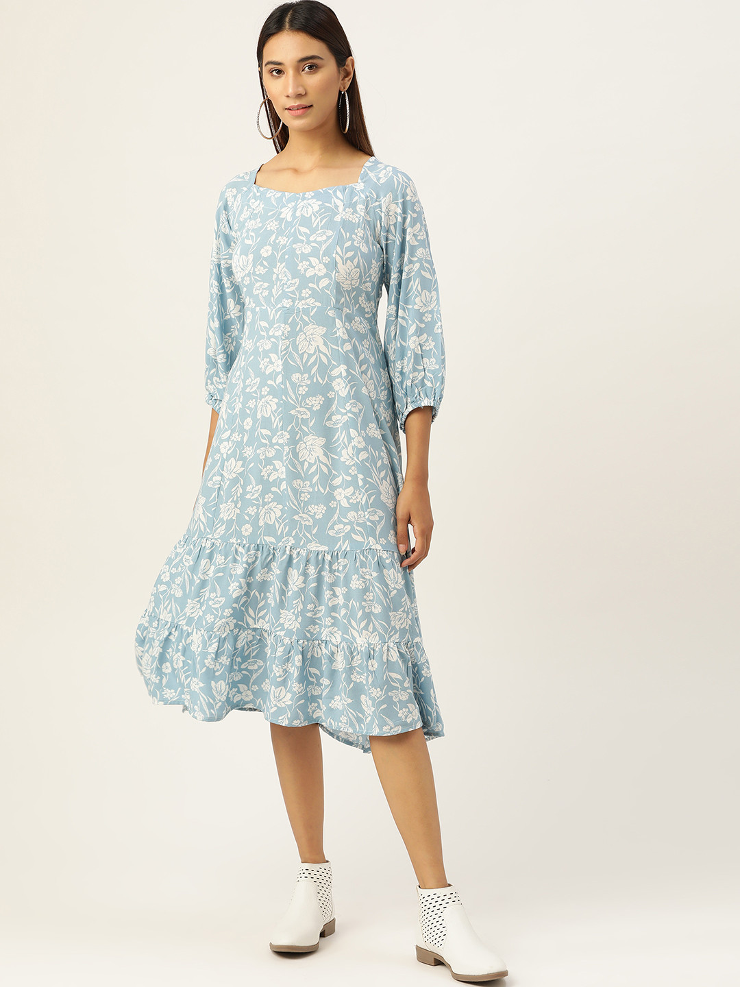 

AND Women Blue & White Printed Tiered A-Line Dress