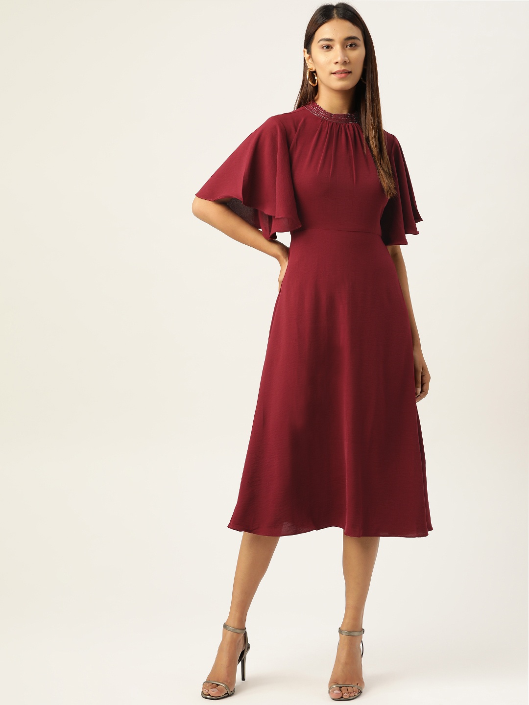 

AND Women Maroon Solid Jewel Neck A-Line Midi Dress