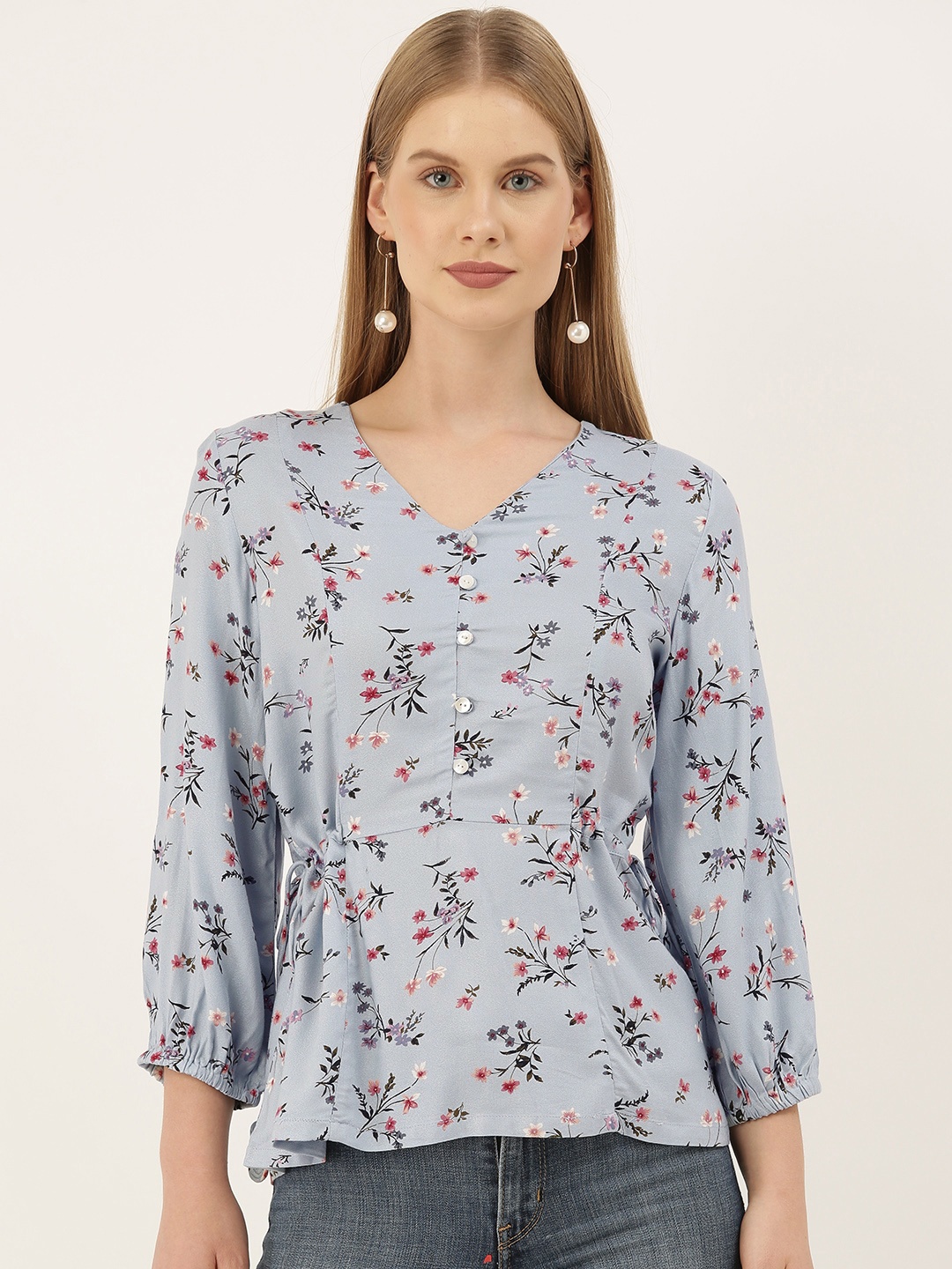 

And Blue & Red Floral Printed Puff Sleeves A-line Top