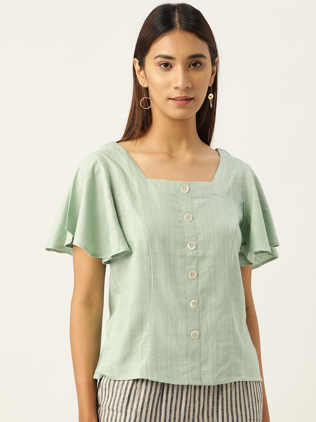 

AND Women Green Self Striped Top