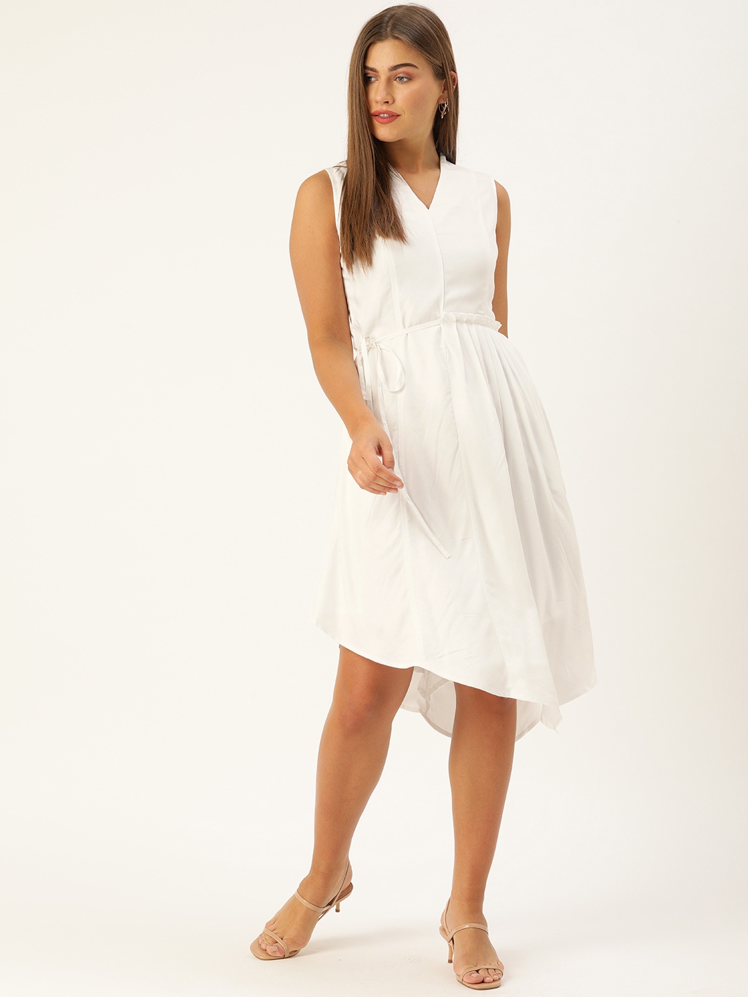 

AND Women White Solid A-Line Dress with Pleated Detail