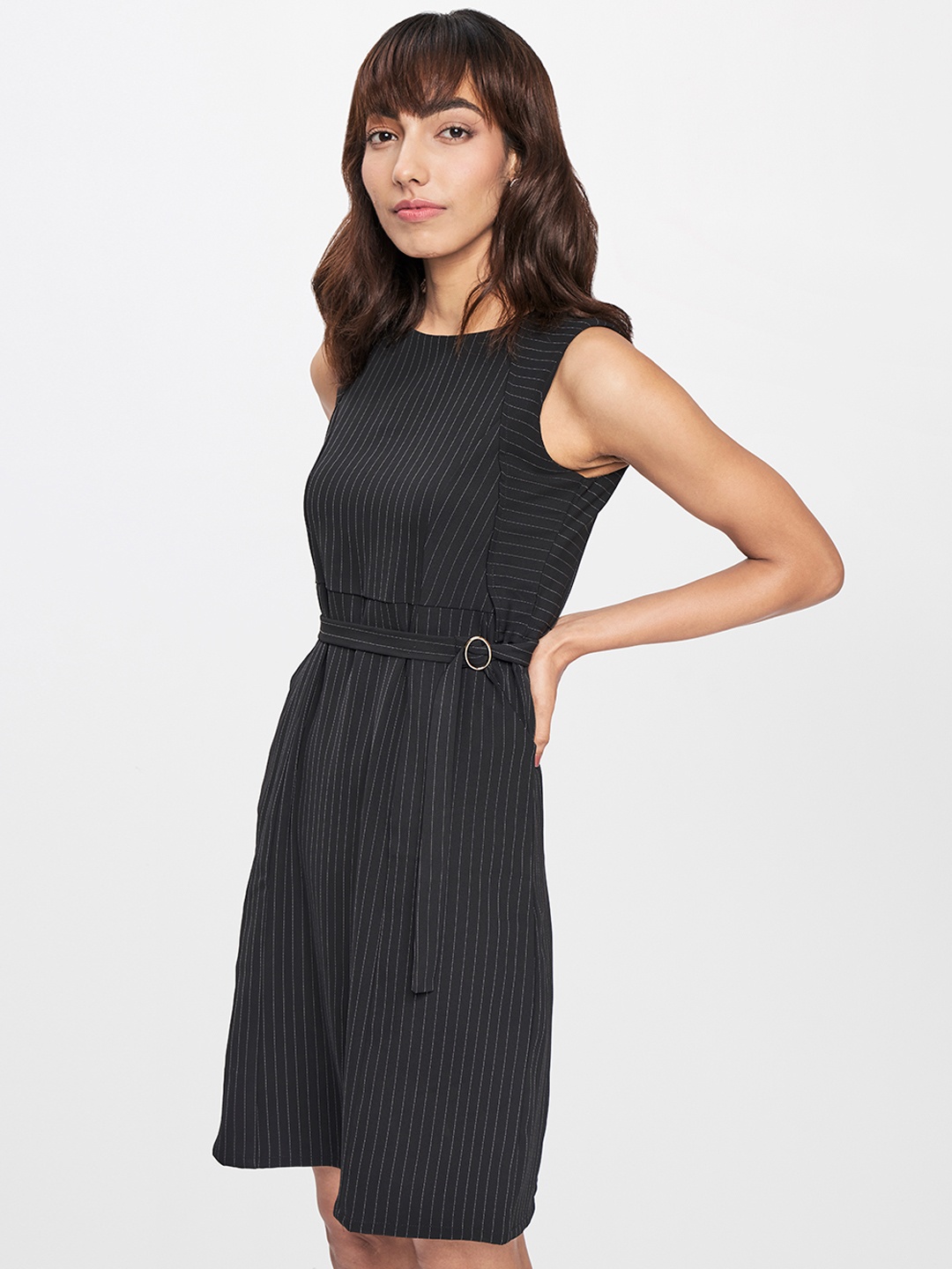 

AND Black & White Striped Formal Fit and Flare Dress