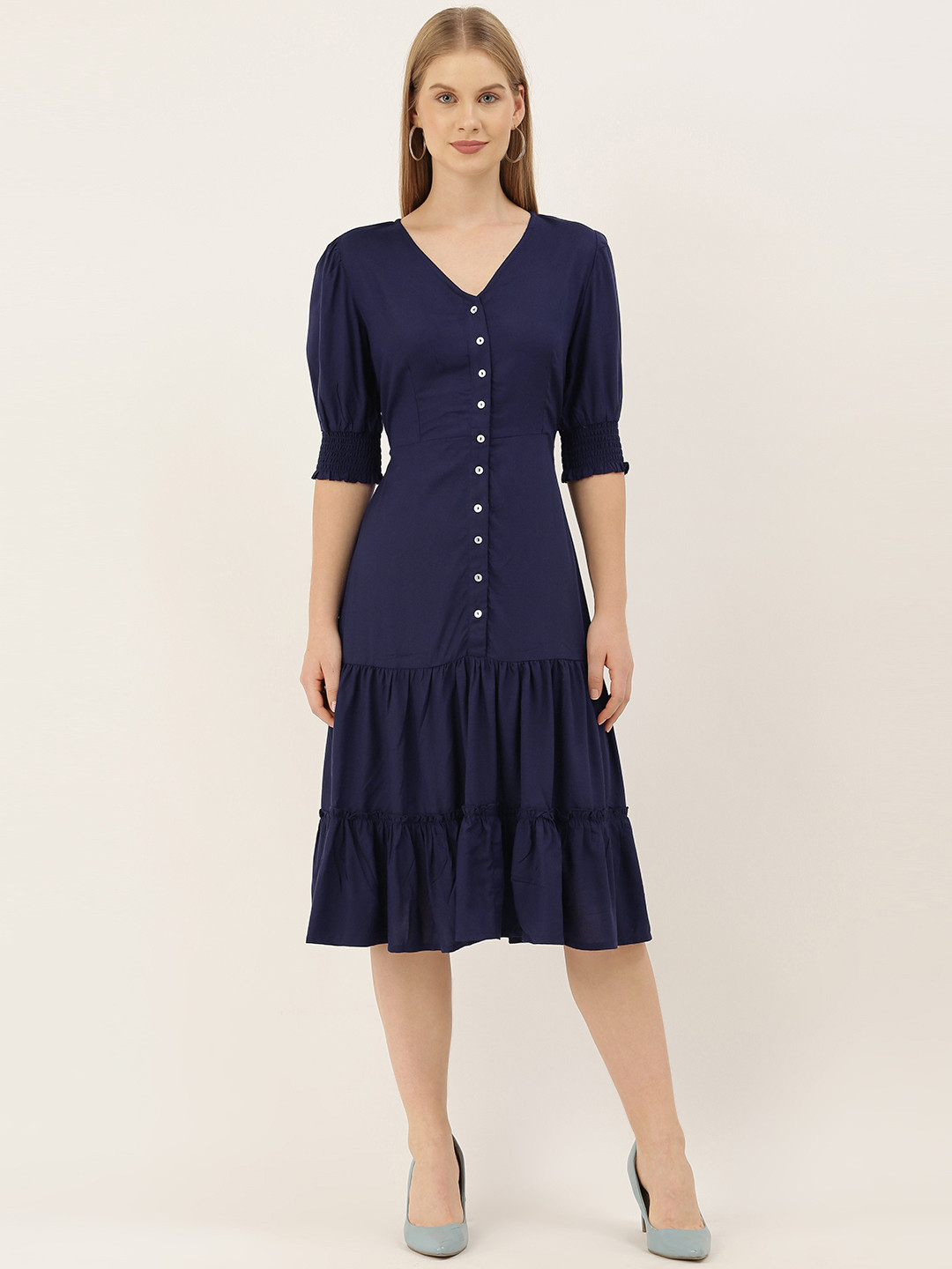 

AND Women Navy Blue Solid A-Line Dress