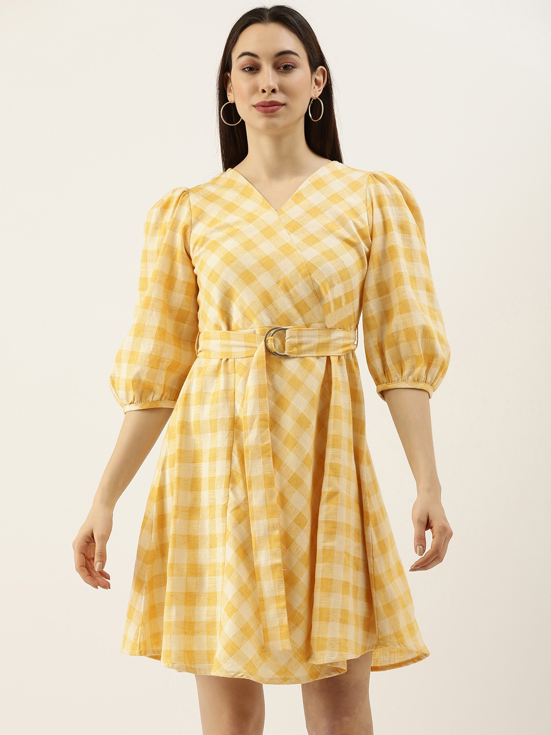 

AND Yellow & White Checked Fit & Flare Dress