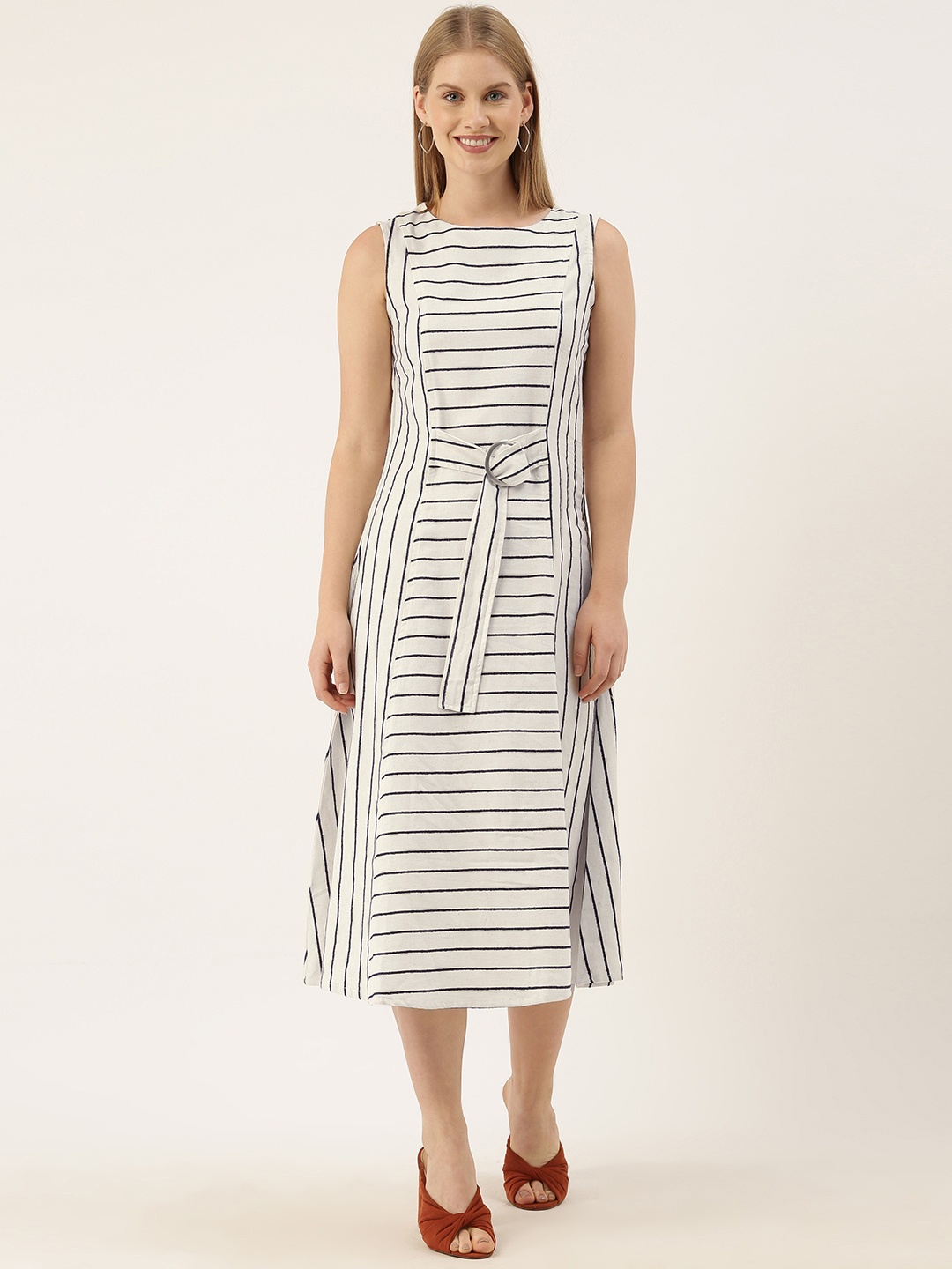 

AND Women White Striped A-Line Dress