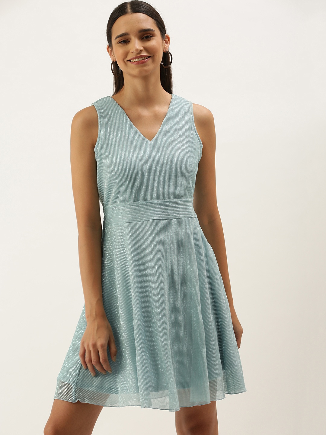 

AND Women Blue Self Design Fit and Flare Dress