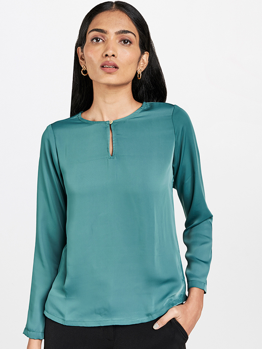 

AND Women Blue Solid Satin Finish Top