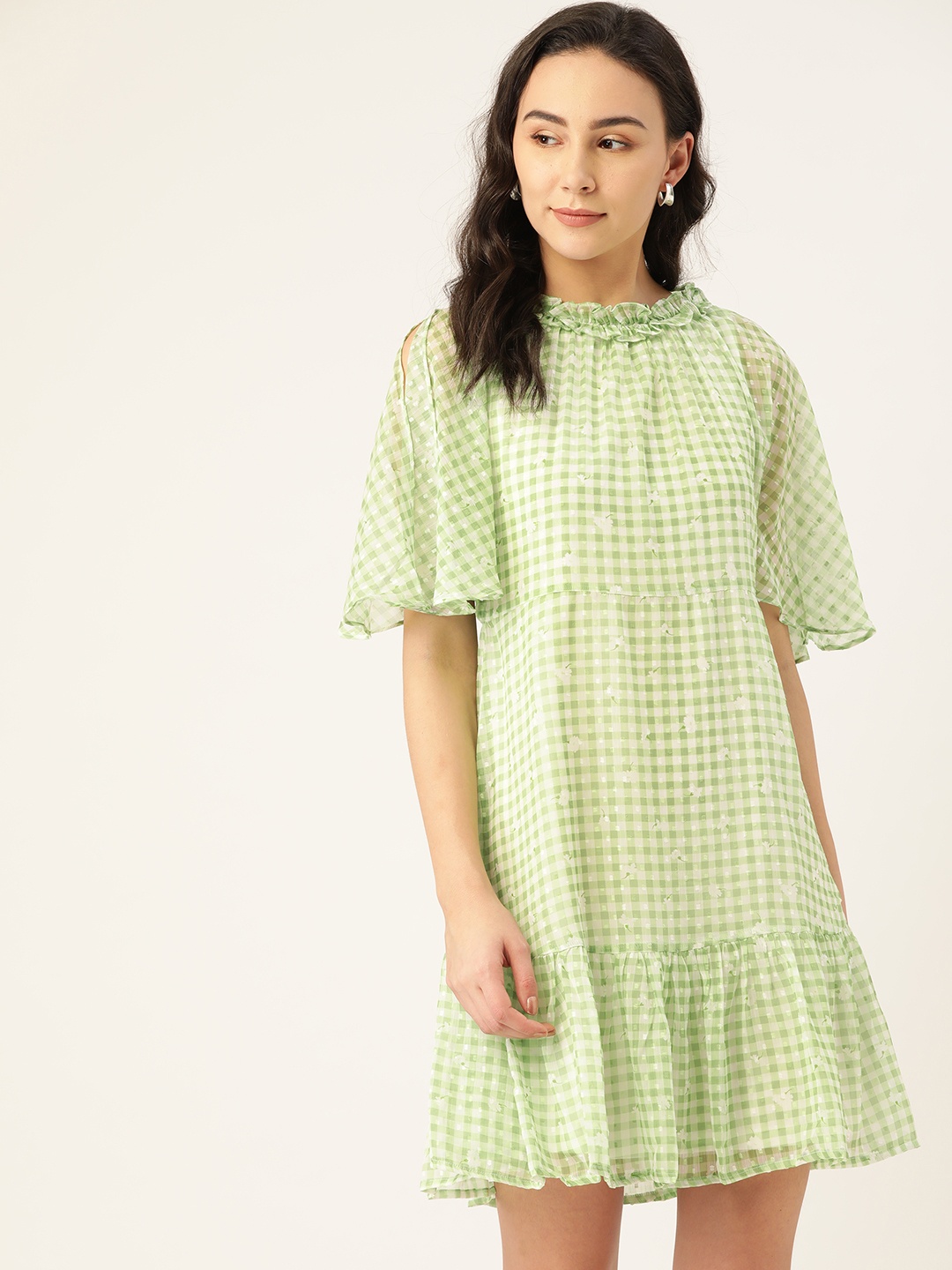 

AND Women Green & White Checked A-Line Dobby Weave Tiered Dress