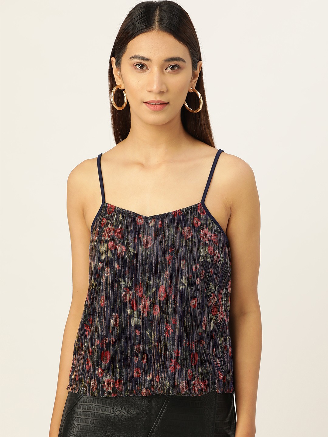 

AND Women Navy Blue & Pink Printed Sheen Top, Black