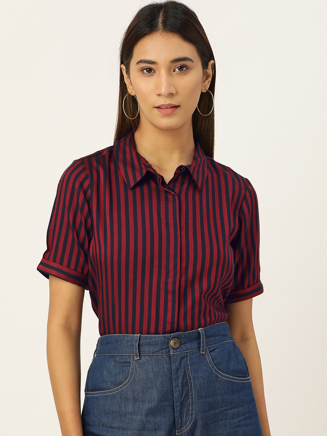 

AND Women Maroon & Navy Blue Regular Fit Striped Casual Shirt