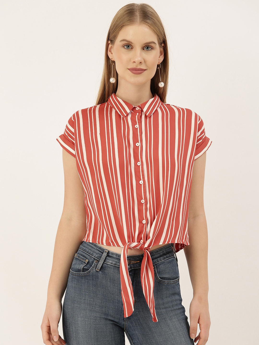 

AND Women Off-White & Coral Red Regular Fit Striped Waist Tie-Up Casual Shirt