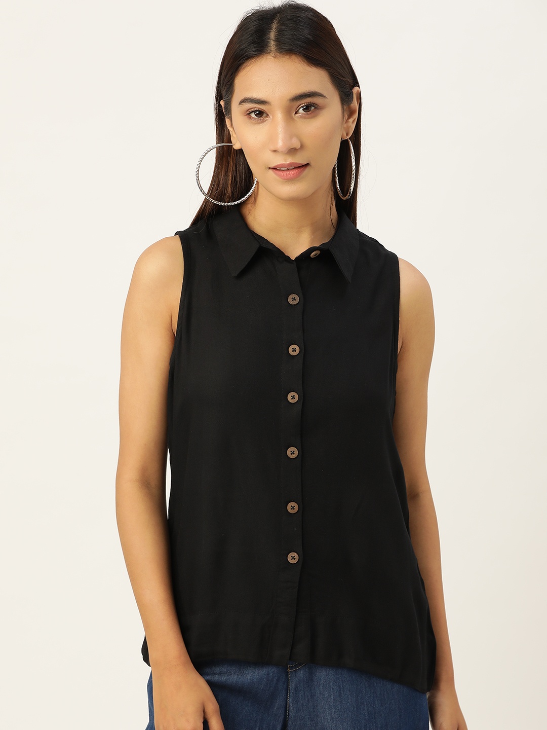 

AND Women Black Regular Fit Solid Casual Shirt