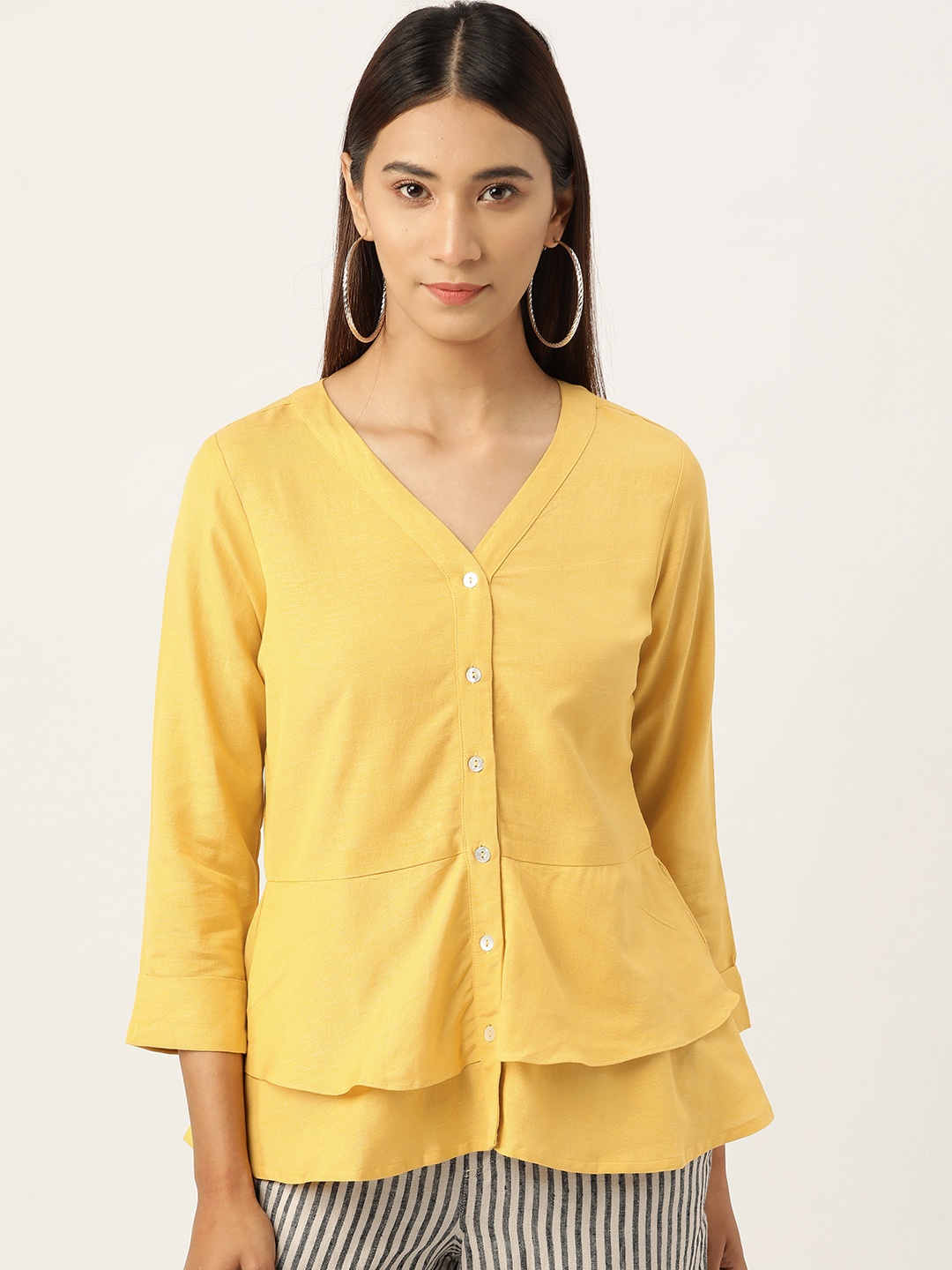 

AND Women Yellow Solid A-Line Layered Top, Mustard