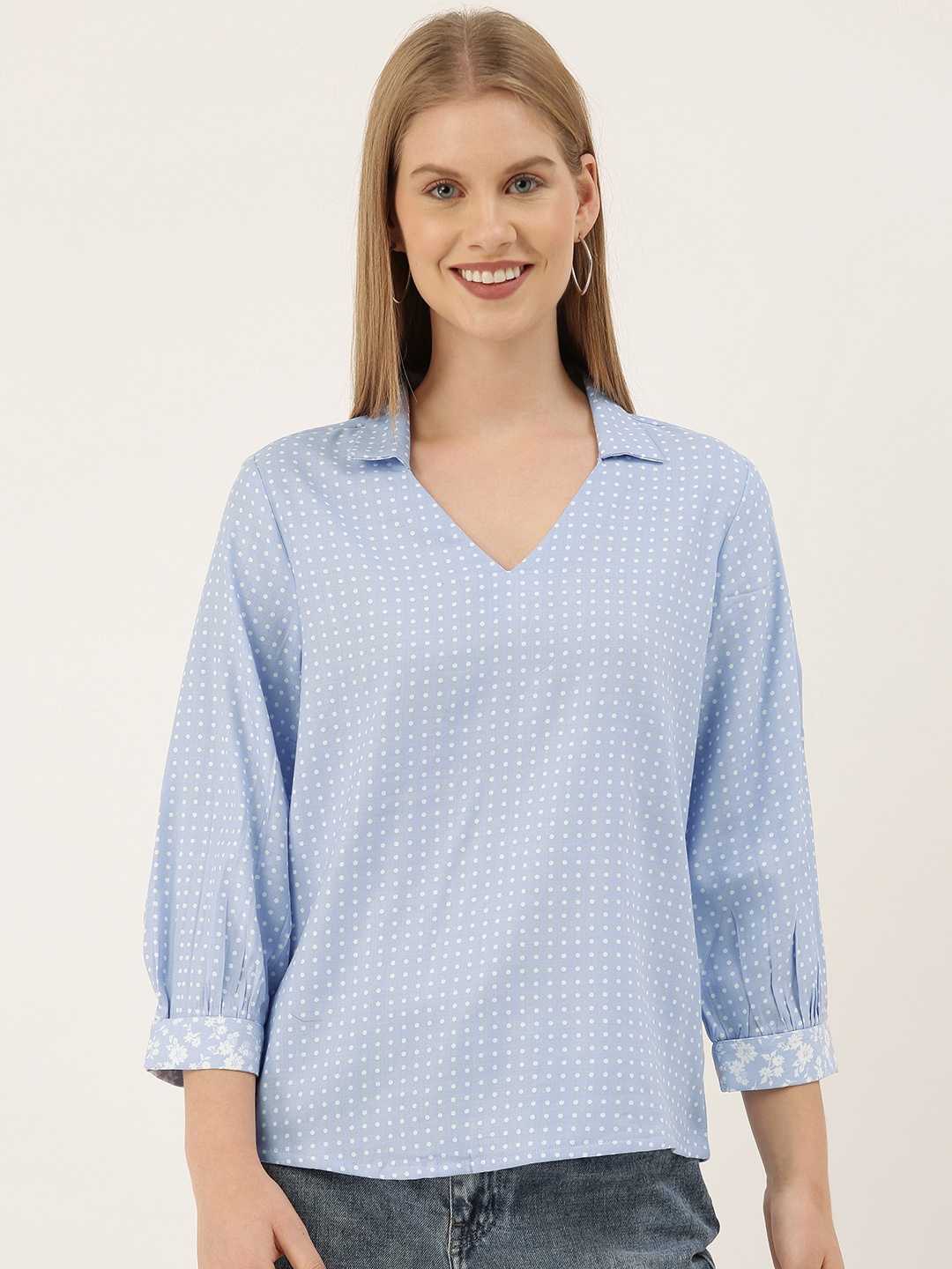 

And Women Blue & White Polka Dots Printed Regular Top