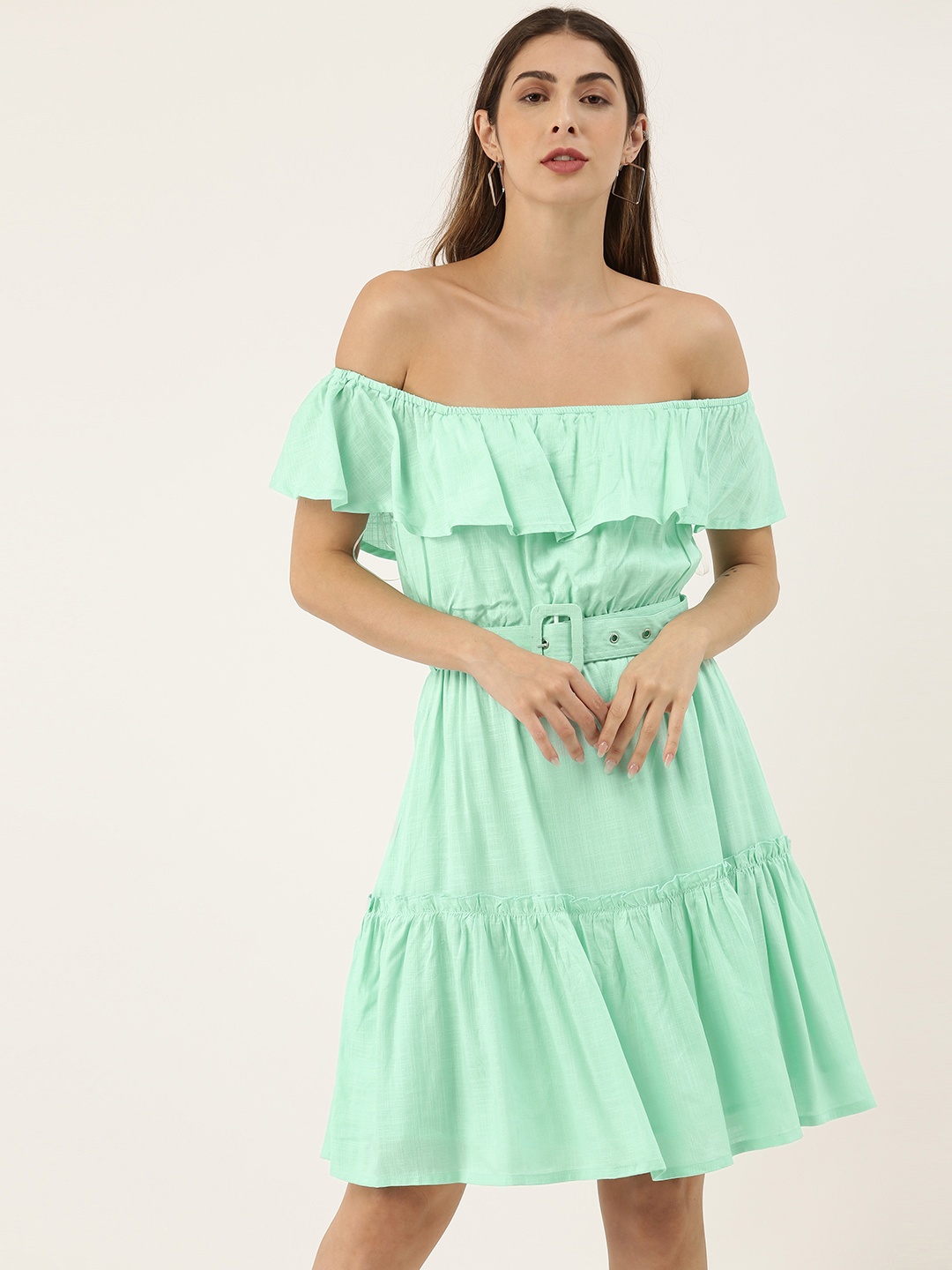 

AND Women Mint Green Solid Sustainable EcoVero Fit and Flare Bardot Style Tiered Dress