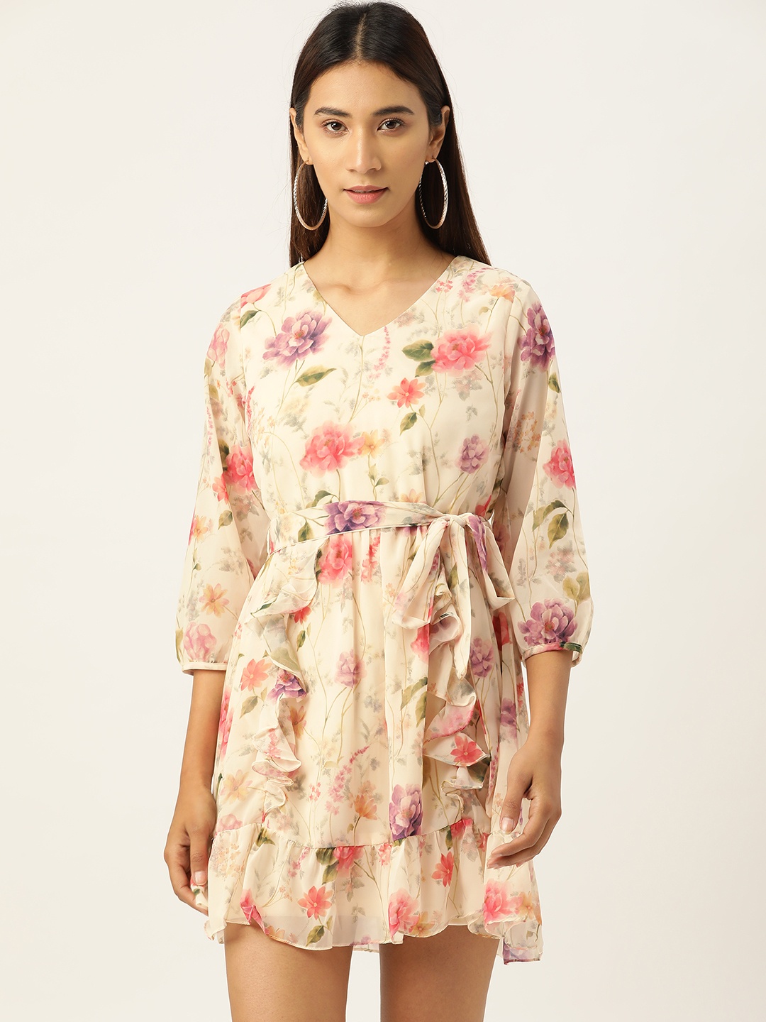 

AND Women Cream-Coloured & Pink Floral Print A-Line Dress