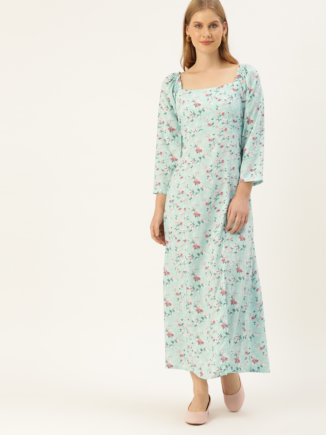 

AND Women Turquoise Blue & Pink Floral Printed Maxi Dress