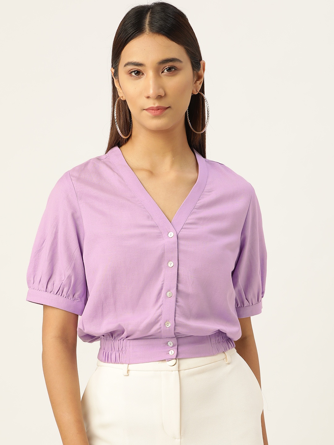 

AND Women Lavender Solid Blouson Top
