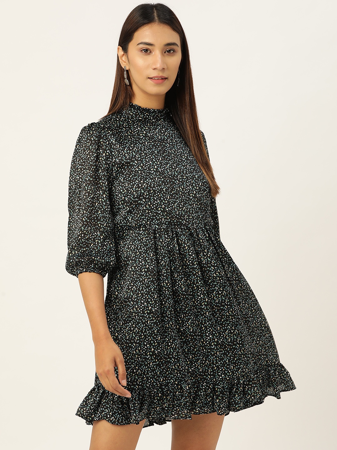 

AND Women Black & Green Printed A-Line Dress