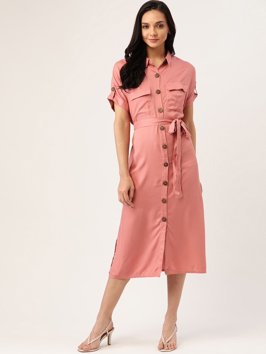 

AND Women Pink Solid Shirt Dress